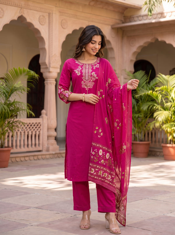 Fuchsia Bloom – Embroidered Straight Kurta Pant with Dupatta Set