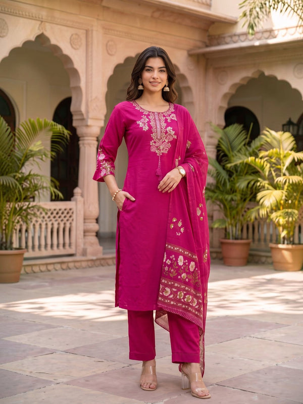 Fuchsia Bloom – Embroidered Straight Kurta Pant with Dupatta Set