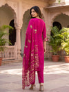 Fuchsia Bloom – Embroidered Straight Kurta Pant with Dupatta Set