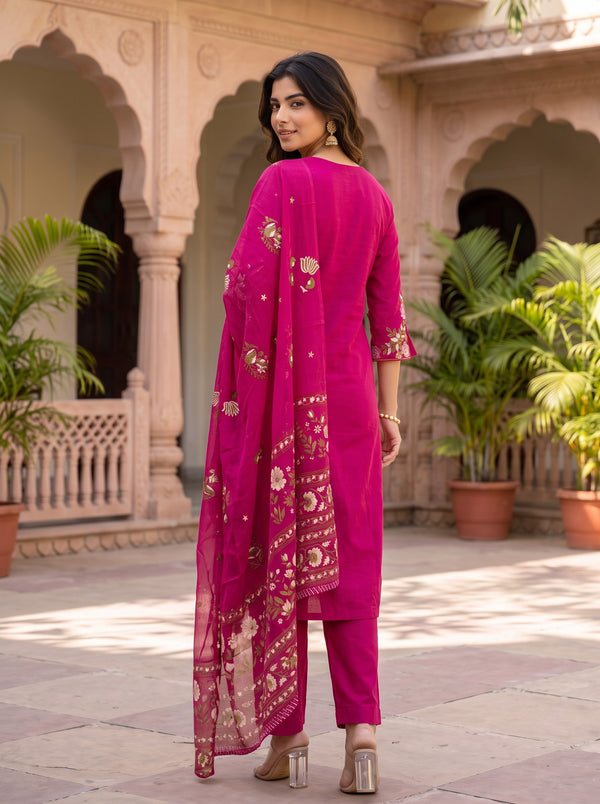 Fuchsia Bloom – Embroidered Straight Kurta Pant with Dupatta Set