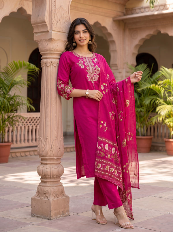 Fuchsia Bloom – Embroidered Straight Kurta Pant with Dupatta Set