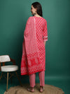 Red Printed Pure Cotton Kurta With Trouser & Dupatta