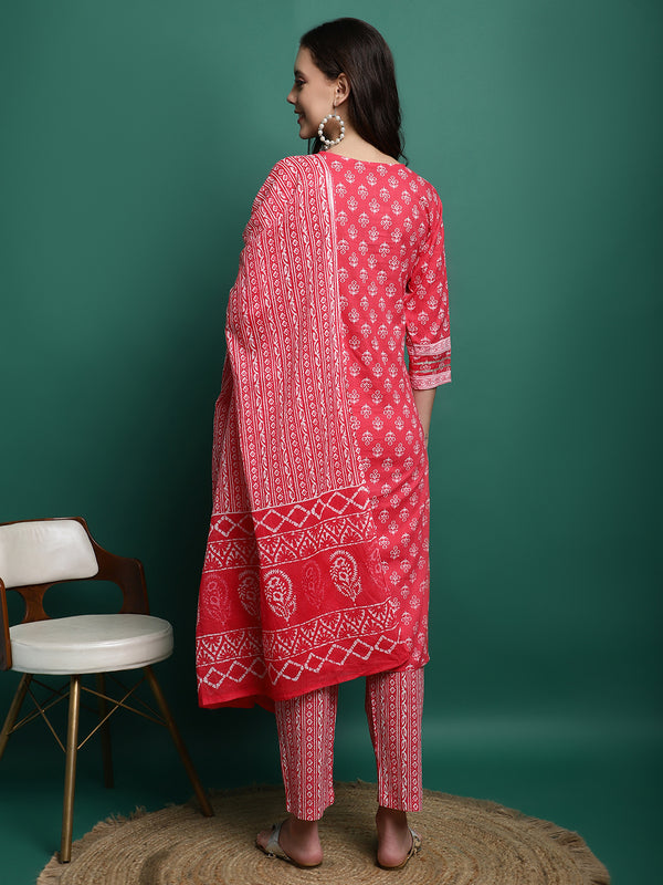 Red Printed Pure Cotton Kurta With Trouser & Dupatta