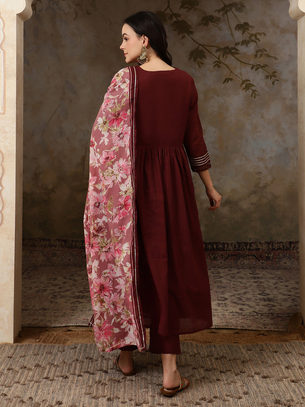Florya Yoke Design Thread Work Pure Cotton Anarkali Kurta Set with Trousers & Dupatta