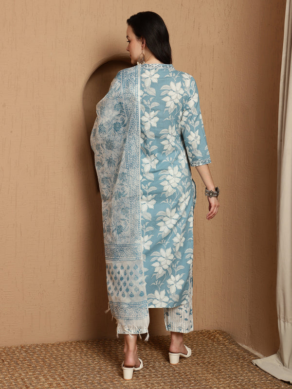 Blue Haven Premium Embroidered Kurta Trouser & Dupatta Set