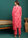 Blush Bloom Printed Pure Cotton Straight Kurta With Trouser & Dupatta Set