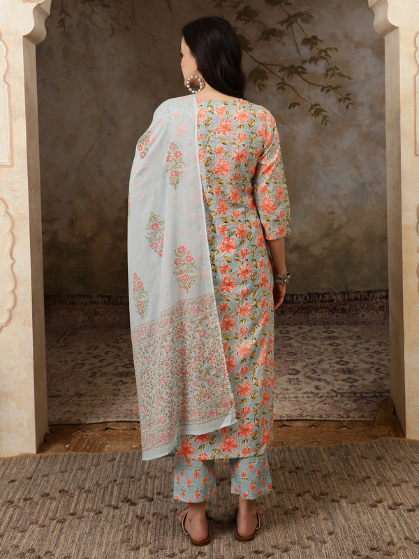 Neelika Floral Printed Blue Cotton Kurta with Trousers & Dupatta