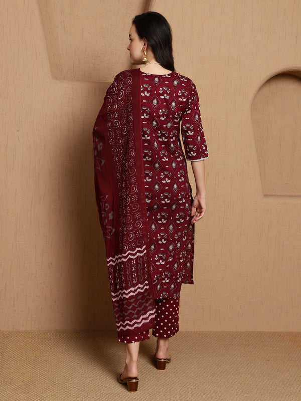 Ethnic Motifs Printed Regular Pure Cotton Kurta With Trouser & Dupatta