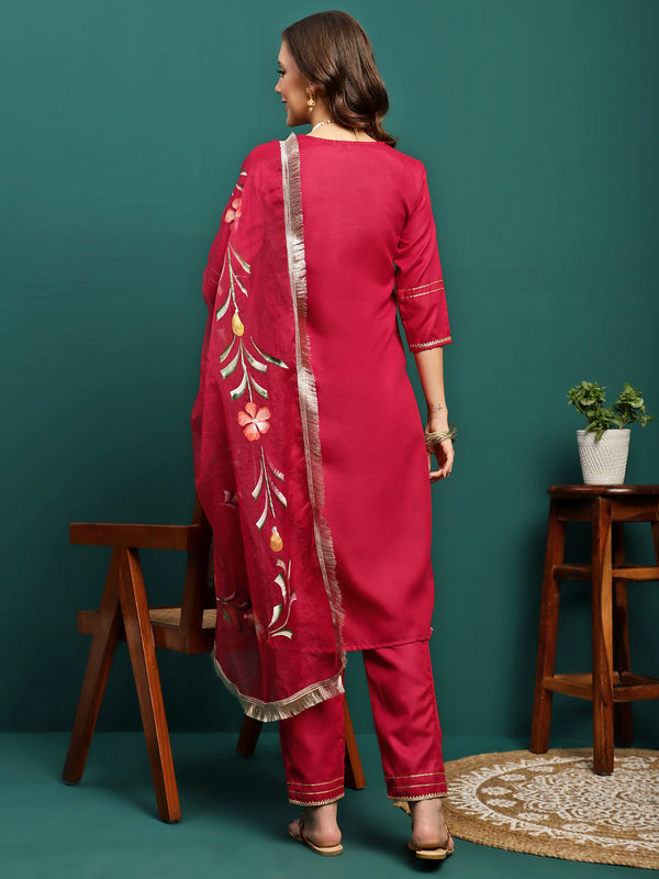 Aurora Thread Floral Embroidered Round-Neck Straight Kurta With Trousers & Dupatta