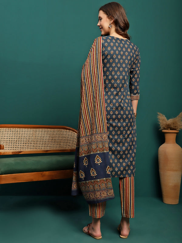 Ocean Drift Printed Pure Cotton Straight Kurta With Trouser & Dupatta Set