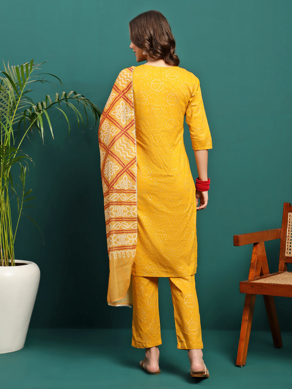 Sun Drape Printed & Embroidered Straight Kurta With Trouser & Dupatta Set