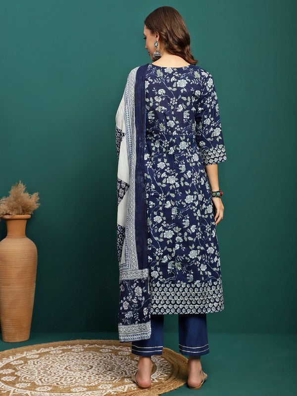 Printed Pure Cotton Anarkali Kurta With Trouser & Dupatta Set