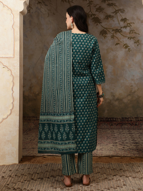 Meher Floral Printed Mirror Work Pure Cotton Straight Kurta Set with Trousers & Dupatta