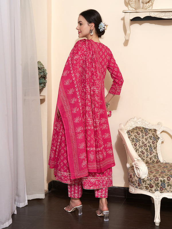 Printed & Embroidered Pure Cotton A-Line Kurta With Trouser & Dupatta