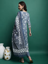 Blue Printed Thread Work Pure Cotton Empire A-Line Kurta with Trousers & Dupatta