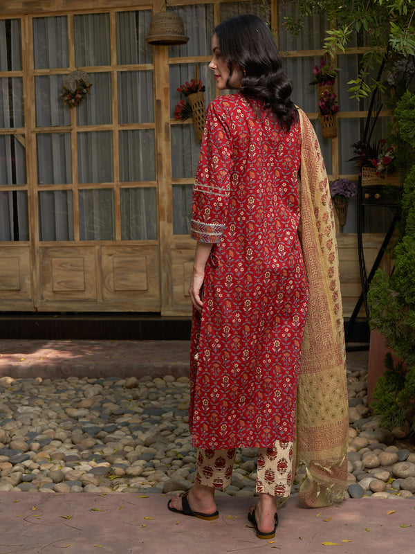 Maroon Floral Printed Angrakha Pure Cotton Kurta with Trousers & Dupatta