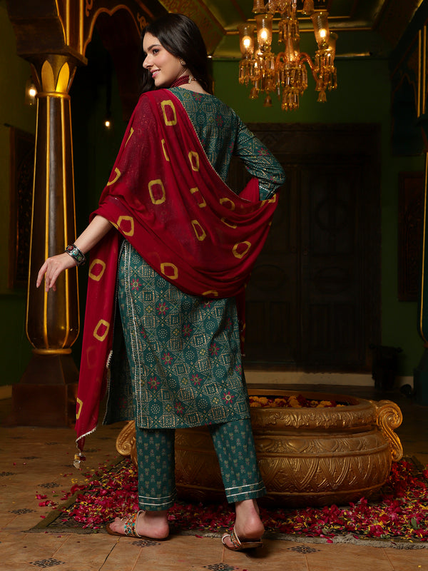 Green Ethnic Motifs Printed Gotta Patti Straight Kurta & Trouser With Dupatta