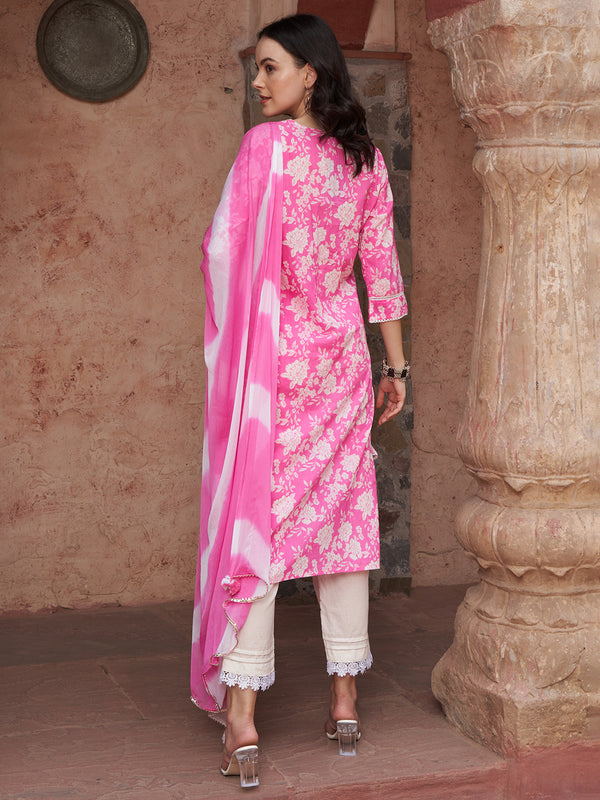 Ethnic Motifs Printed Sequined Pure Cotton Kurta with Trousers & Dupatta