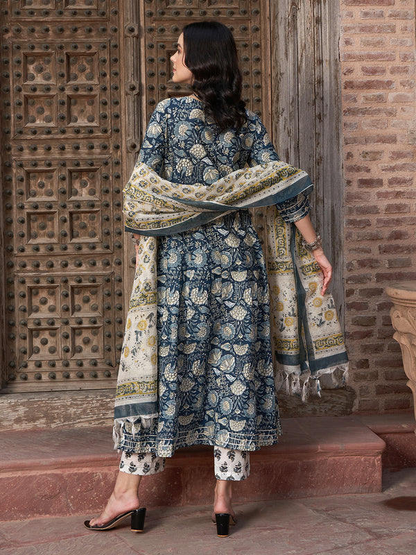 Navy Blue Floral Printed Pure Cotton Anarkali Kurta With Trouser & Dupatta