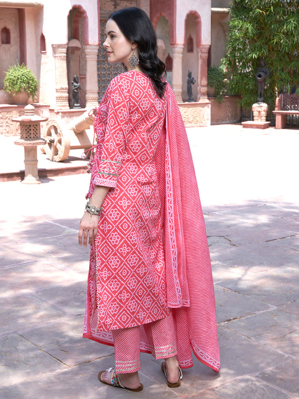 Pink Bandhani Printed Pure Cotton Angrakha Kurta With Trousers & Dupatta