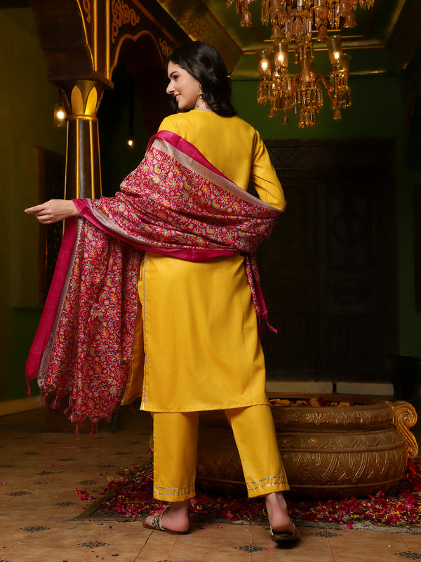 Yellow Floral Embroidered Gotta Patti Straight Kurta & Trouser With Dupatta
