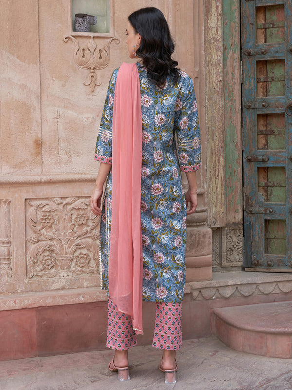 Blue Floral Printed Gotta Patti Pure Cotton Kurta with Trousers & Dupatta