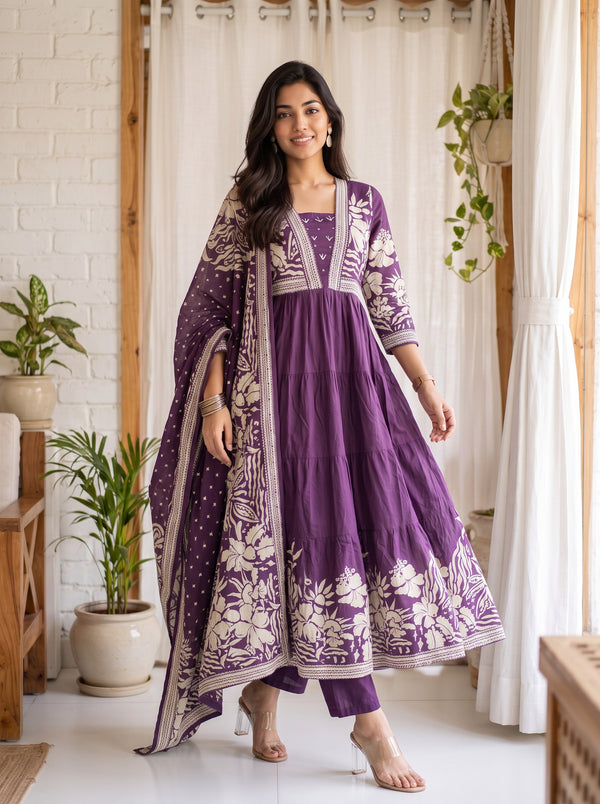 Purple Bloom – Printed Anarkali Kurta Pant with Dupatta Set
