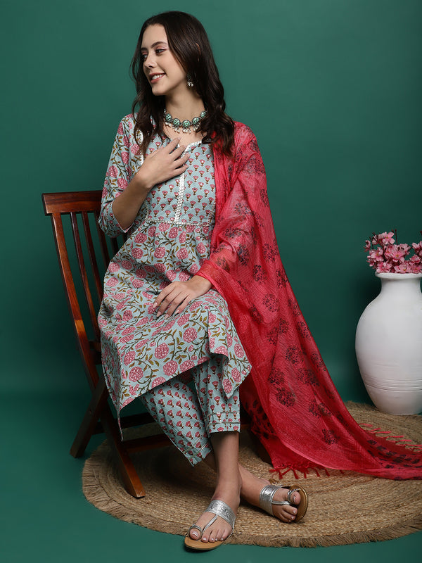 Sea Green Floral Printed Pure Cotton Kurta with Palazzos & Dupatta