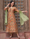 Orange Printed Gotta Patti Detail Pure Cotton A-Line Kurta With Trousers & Dupatta