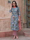Blue Floral Printed Gotta Patti Pure Cotton Kurta with Trousers & Dupatta