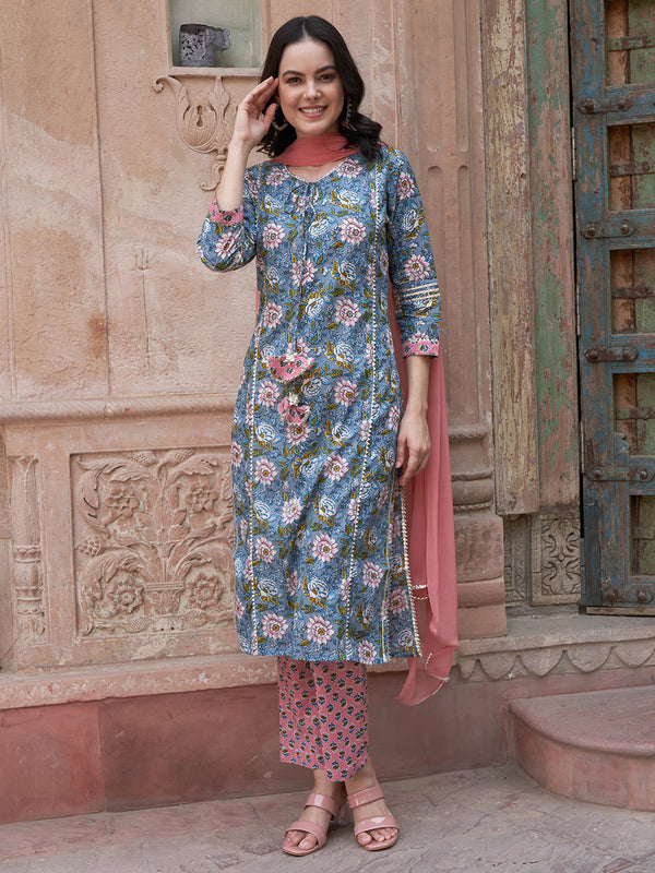 Blue Floral Printed Gotta Patti Pure Cotton Kurta with Trousers & Dupatta
