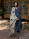Blue Printed Gotta Patti Pure Cotton Empire A-Line Kurta with Trousers & Dupatta