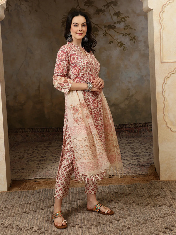 Amaira Floral Printed Straight Pure Cotton Kurta Set with Trousers & Dupatta - BANDIA