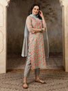 Neelika Floral Printed Blue Cotton Kurta with Trousers & Dupatta