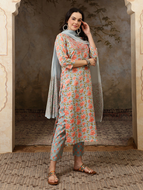 Neelika Floral Printed Blue Cotton Kurta with Trousers & Dupatta
