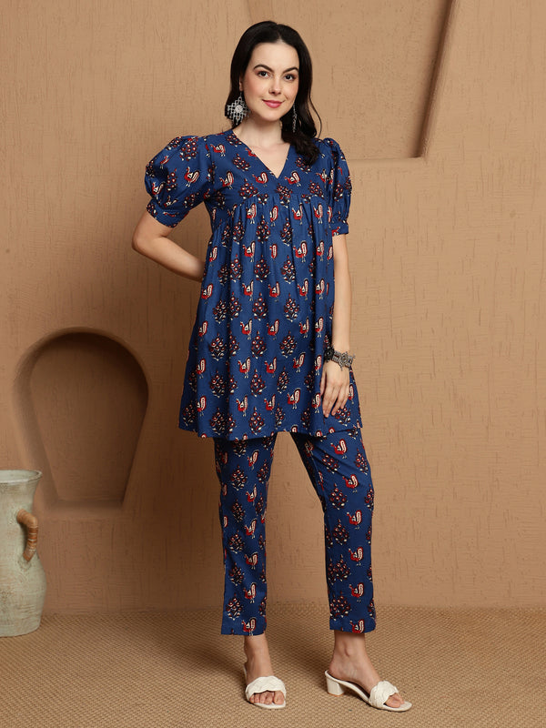 Kavini Blue Printed Cotton Co-ord Set with Top & Trousers