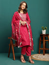 Aurora Thread Floral Embroidered Round-Neck Straight Kurta With Trousers & Dupatta