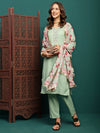Mint Mirage Floral Embroidered Kurta & Trouser With Dupatta Set