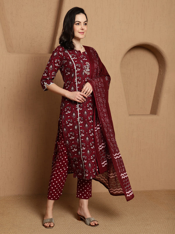 Marvi Muse Ethnic Motifs Printed Pure Cotton Kurta With Trouser & Dupatta