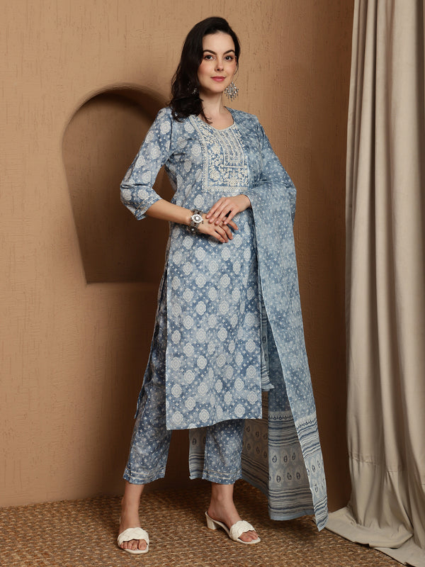 Heritage Hues Ethnic Motifs Printed Pure Cotton Straight Kurta & Trousers With Dupatta