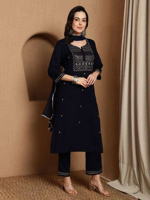 Olive Gleam Embroidered Viscose Rayon Kurta Set with Dupatta
