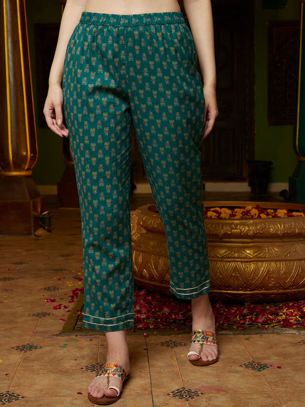 Green Ethnic Motifs Printed Gotta Patti Straight Kurta & Trouser With Dupatta