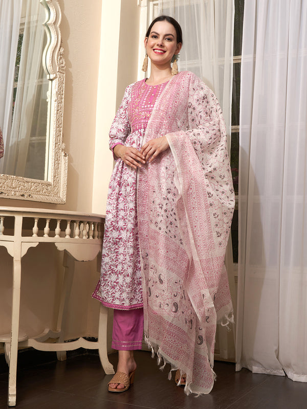 Mauve Embroidered Straight Pure Cotton Kurta With Trouser & Dupatta