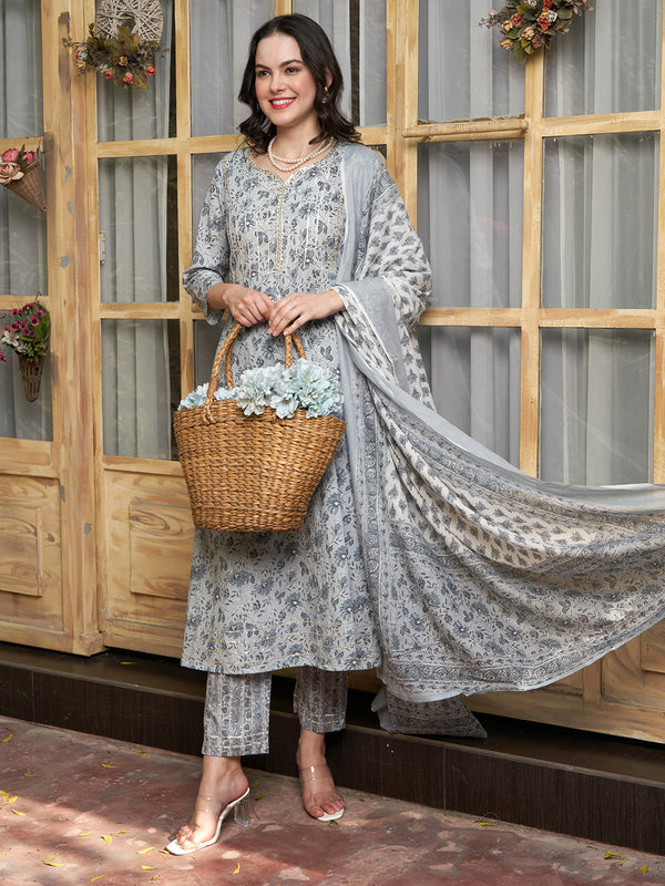 Serene Bloom Floral Printed Kurta Pant Dupatta Set