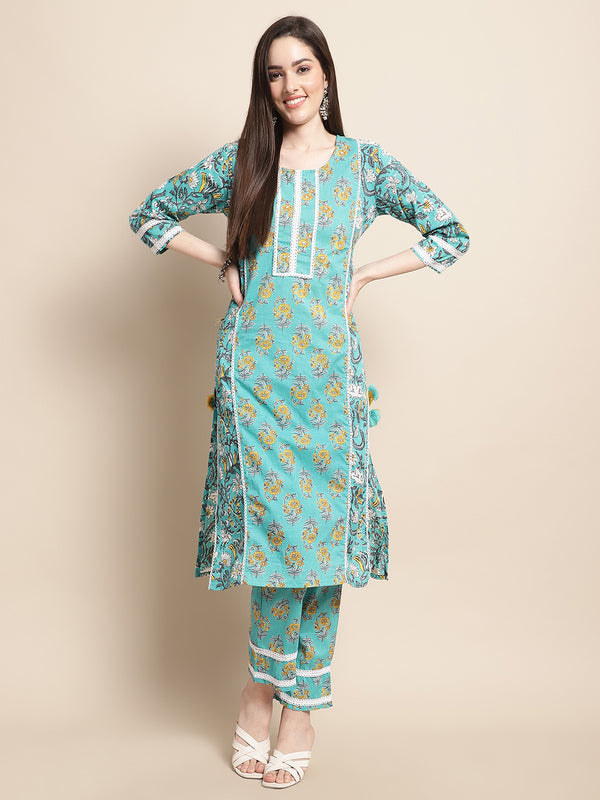 Blue & Gold Ethnic Motifs Printed Pure Cotton Kurta With Trouser & Dupatta