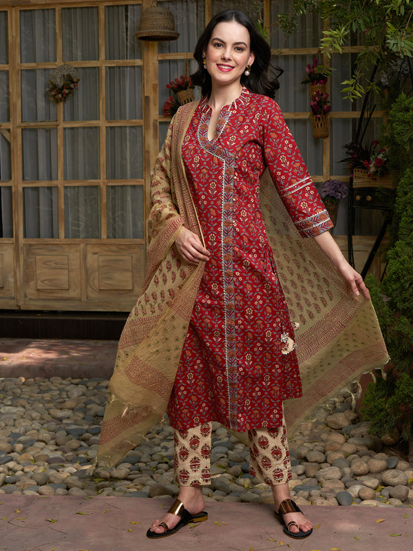 Maroon Floral Printed Angrakha Pure Cotton Kurta with Trousers & Dupatta