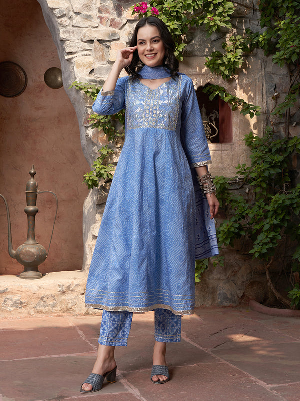 Indigo Drape Bandhej Printed Kurta Pant Dupatta Set