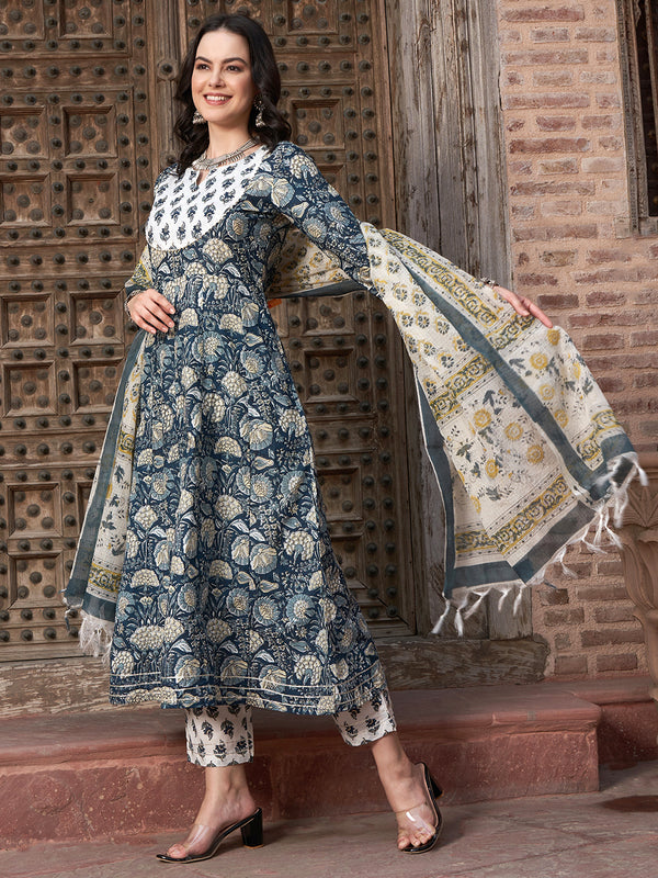 Navy Blue Floral Printed Pure Cotton Anarkali Kurta With Trouser & Dupatta