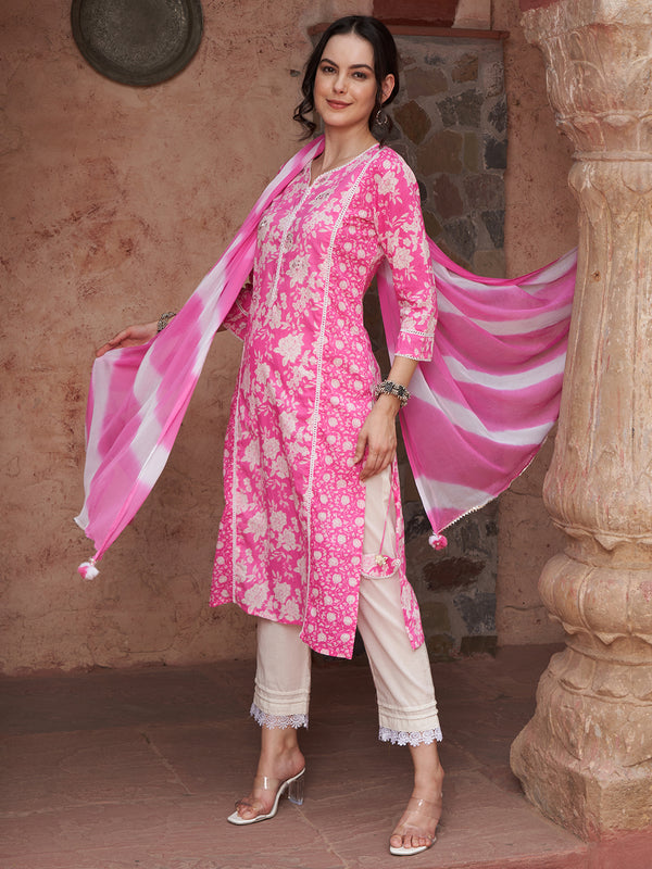 Ethnic Motifs Printed Sequined Pure Cotton Kurta with Trousers & Dupatta