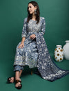 Blue Printed Thread Work Pure Cotton Empire A-Line Kurta with Trousers & Dupatta